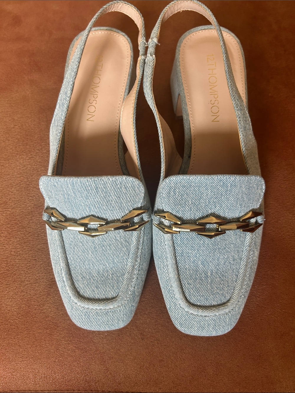 12Thompson Light Blue Denim Chain-Trim Slingback Mules